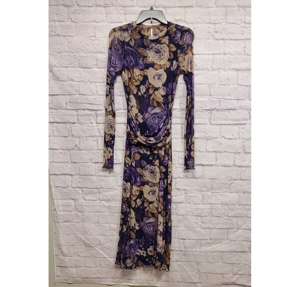 Free‎ People Floral Mesh Long Sleeve Ruched Maxi Dress Purple S - Picture 8 of 9